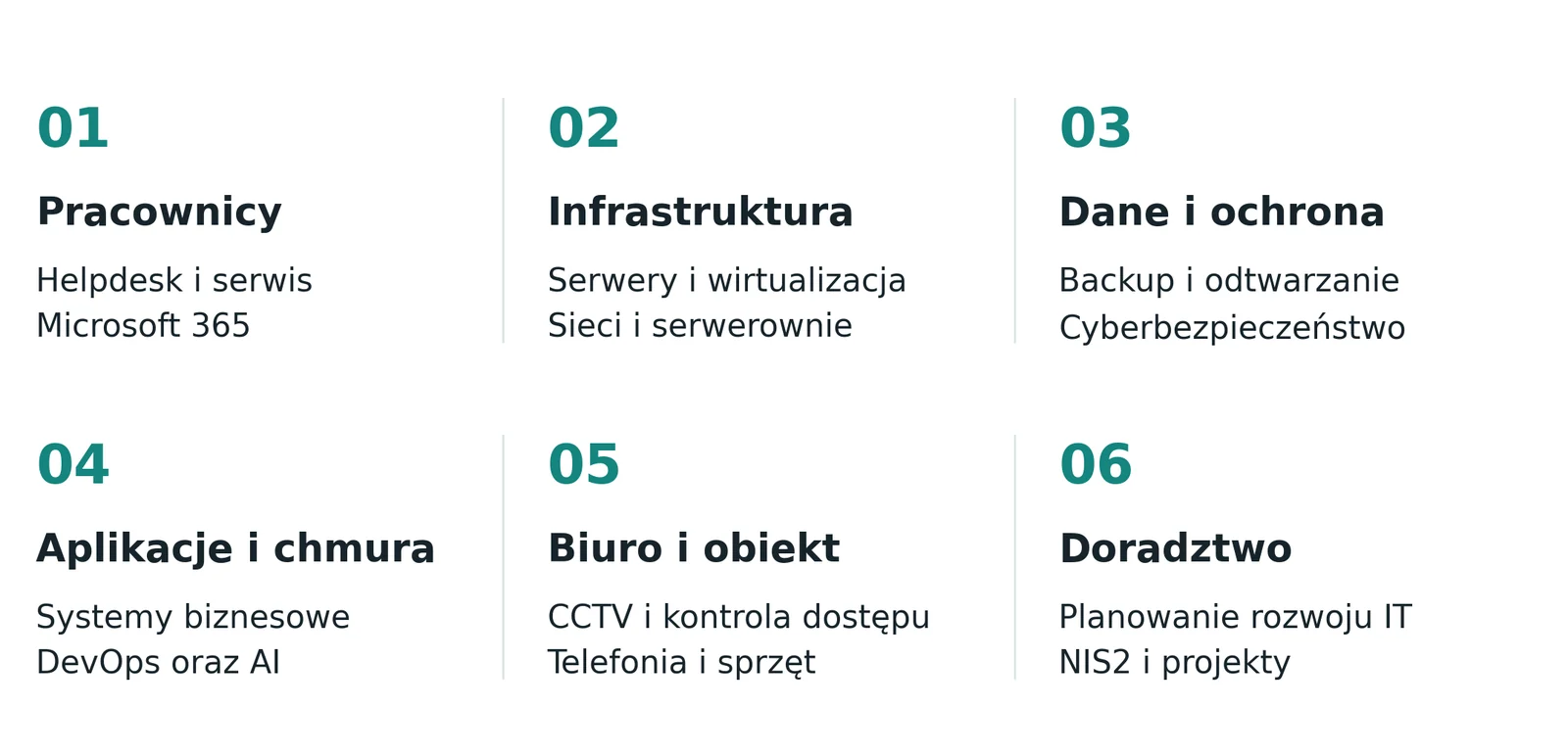 Mapa usług outsourcingu IT: pracownicy, infrastruktura, dane i ochrona, aplikacje i chmura, biuro i obiekt, doradztwo