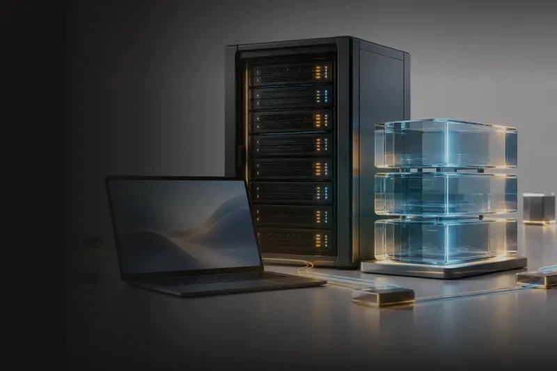 Szafa serwerowa, laptop i moduły chmury – infrastruktura IT firmy w outsourcingu