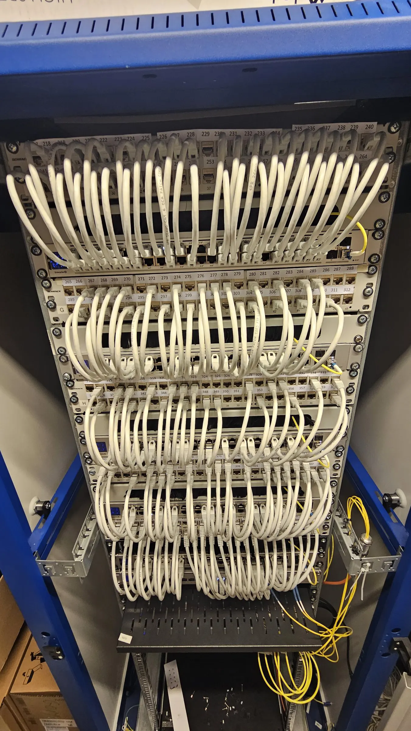 Rząd za rzędem równych łuków na przełącznikach Ubiquiti i panelach Schrack, każdy kabel tej samej długości, żaden się nie plącze.
