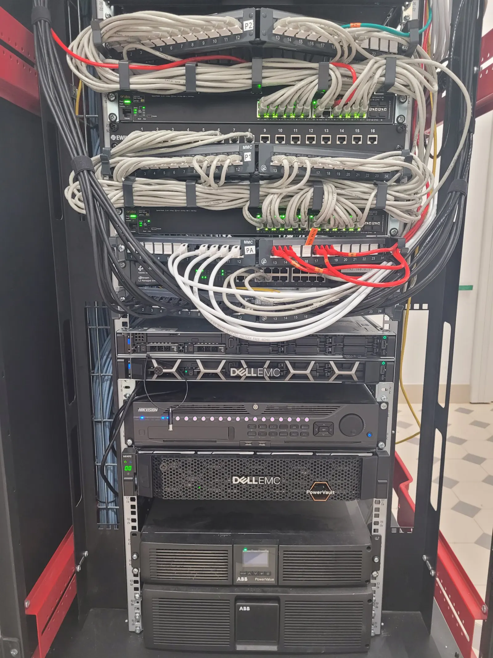 Patch panele z opisami, przełączniki Aruba, serwer Dell EMC PowerEdge, macierz PowerVault i zasilacz UPS ABB, ułożone logicznie od sieci aż po zasilanie.